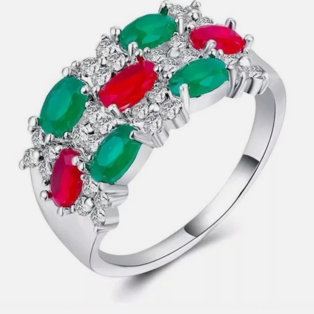 Emerald/Ruby/White Topaz Ring 925 Silver - image 4